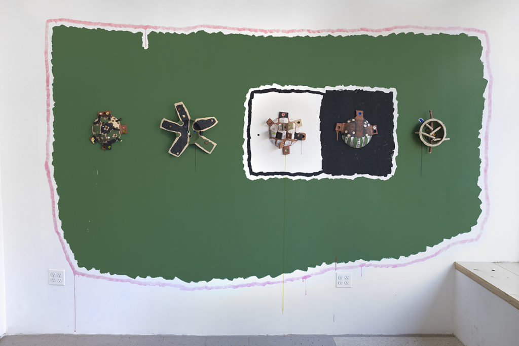 Installation View of Window Wall <br/>

Including, from top to bottom: <br/>
Wall Bowl (Stalker/Grandma’s Sheets), Wall Bowl (Inverted Plant), Wall Bowl (Good Game), Wall Bowl (Green Night), Wall Bowl (Inverted Leaf)